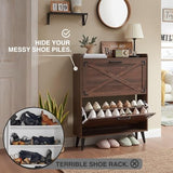 Barnyatoh Shoe Storage Cabinet,Farmhouse Shoe Organizer with 2 Flip Drawers & Barn Door Design,Freestanding Hidden Slim Narrow Shoe Rack Cabinet for Entryway,Foyer,Hallway,Walnut Barnyatoh