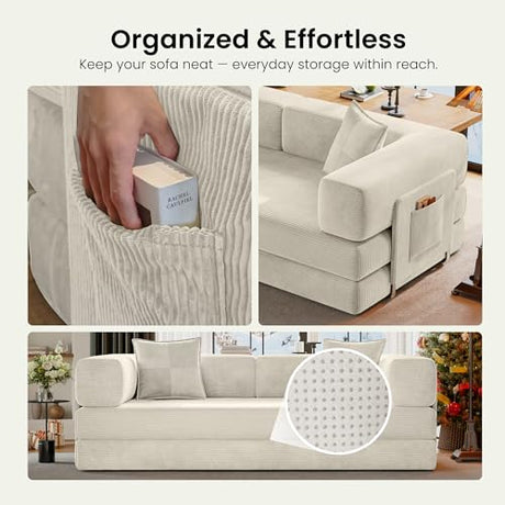 CUBENTE 78.8" Convertible Sofa Bed,Corduroy Futon Couch with Storage Pocket,Folding Pull Out Futon Sofa,No Assembly Boneless Couch for Living Room, White CUBENTE