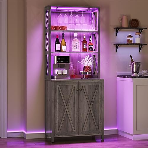 YITAHOME Bar Cabinets for Liquor, 67" Tall Wine Bar Cabinet with LED Lights, Glass Holder ＆ Adjustable Shelves, Rustic Kitchen Cabinet Coffee Bar for Kitchen, Dining Room, Rustic Grey Wash - WoodArtSupply