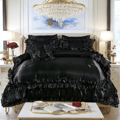 MOVE OVER Black Silky Comforter Set 8 Pieces Silk Like Satin Comforter Bed in a Bag Queen Size Soft and Silky Luxury Satin Bedding Set Vintage Ruffle Bedding Comforter Set for Bedroom Decor MOVE OVER