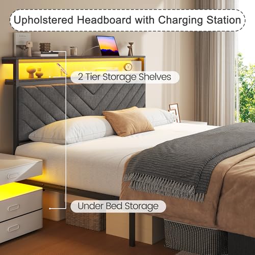 Fluest Queen Bed Frame with 2 Drawers, Upholstered Headboard with Storage and Charging Station, LED Lights, Fabric Drawers with Wheels, Under Bed Storage, No Box Spring Needed, Easy Assembly, Grey Fluest