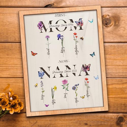 First Mom Now Nana Customized Birth Month Flower Wooden Plaque, Personalized Mothers Day Gifts, Mother's Day Gift, Gift for Mom, Grandma's Gift, Grandma's Garden Sign - WoodArtSupply