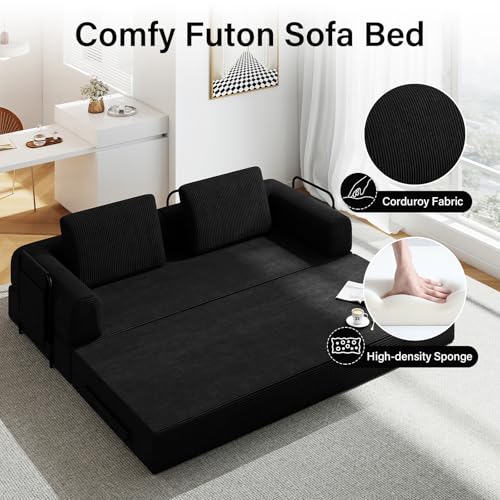 Nivayor 78'' Sleeper Couch Bed for Living Room, Convertible Modular Sofa with Fixed Frame and Side Pocket, Corduroy Futon Boneless Couches in a Box, No Assembly, Black Nivayor