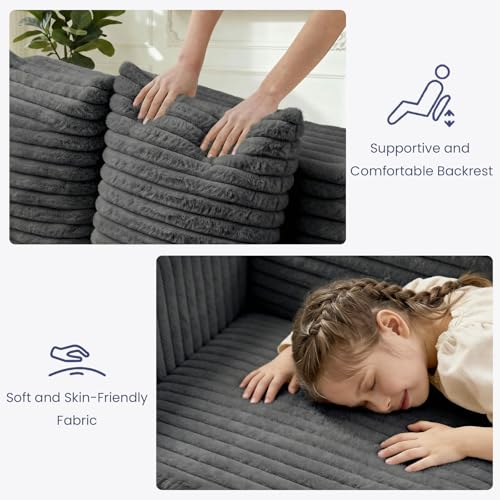 3-in-1 Convertible Sofa Bed: Boneless Loveseat Sleeper & Folding Couch Bed with 4 Pillows & Detachable Cushion, Furry Futon Couch for Bedroom, Apartment, Office and Living Room, No Assembly, Grey Winzoo
