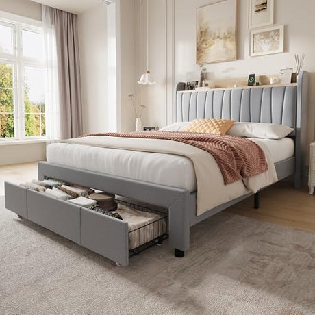 GarveeHome Upholstered Bed Frame with Storage Headboard and Charging Station, Platform Bed Frame with Drawers, Heavy Duty, No Box Spring Needed, Easy Assembly, Grey, Full Size GarveeHome