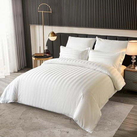 Amolavet Hotel Bedding Duvet Cover Full Size Cotton White Satin Striped Textured with Zipper - Duvet Cover Full 3 Pcs Set 79x90 - Comforter Cover/Quilt Cover Full Size Amolavet