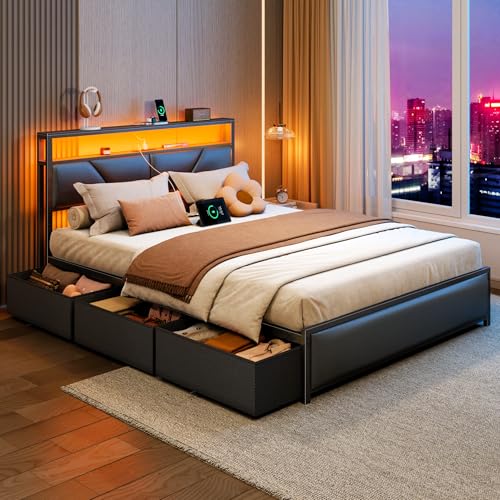 OURPIC Queen Bed Frame, 2-Tier Storage Headboard & 6 Drawers, PU Leather Upholstered Queen Size Platform Bed with Charging Station and LED Lights, No Box Spring Needed, Noise Free OURPIC