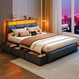 OURPIC Queen Bed Frame, 2-Tier Storage Headboard & 6 Drawers, PU Leather Upholstered Queen Size Platform Bed with Charging Station and LED Lights, No Box Spring Needed, Noise Free OURPIC