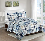 Brilliant Sunshine Blue Plaids and Stripes Patchwork, 3-Piece Quilt Set with 2 Shams, Reversible Bedspread, Soft Lightweight Coverlet, All-Season, Full/Queen, Blue Brilliant Sunshine