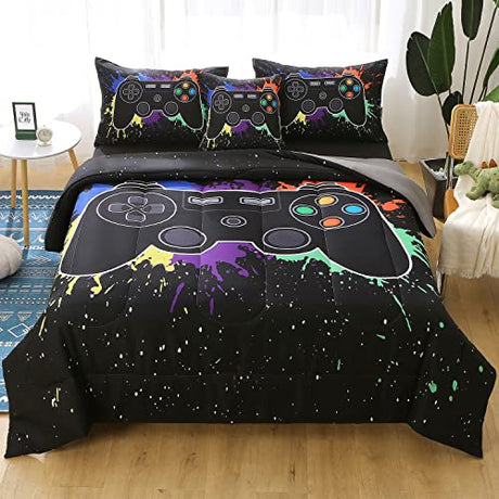 JQinHome Twin Gamer Comforter Sets for Boys&Girls ,6 Piece Bed in A Bag 3D Video Game Bedding -All Season Microfiber Gamer Bedding Sets for Kids, with Pillowcase, Flat & Fitted Sheet,Cushion Cover JQinHome