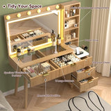SFDOU 43" Fluted Makeup Vanity Desk with 32" Mirror and Lights, Modern Glass Top Large Vanity Table with 5 Drawers and 3 Storage Shelves, Dressing Table Set with Charging Station for Bedroom-Gray SFDOU