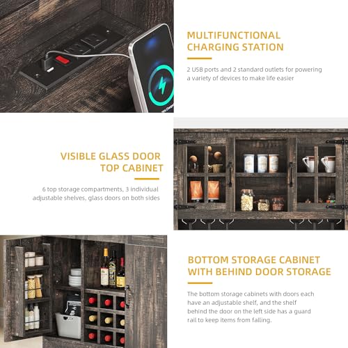 DWVO Coffee Bar Cabinet with Power Outlet/Lights, 72" Farmhouse Pantry Cabinet with Storage Shelves and 3 Drawers, Tall Liquor Cabinet Bar Cabinets for Home/Living Room, Dark Rustic Oak DWVO