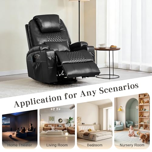 AHMED Dual Motor Power Swivel Rocker Recliner Chair with Massage & Heat, Electric Glider Rocking Chairs with Cup Holders,LED Lights, USB A/USB C Ports for Living Room, Nursery, Black