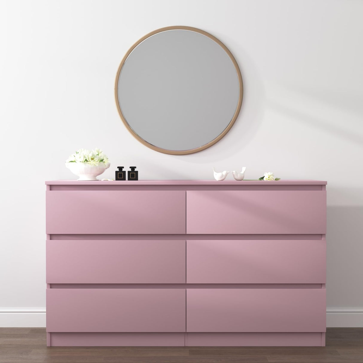 Vibe & Dine 6 Drawer Double Dresser, Modern Chest of Drawers with Wide Storage for Closet, Bedroom, Living Room, Pink Vibe & Dine