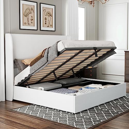 Jocisland King Size Bed Frame with Storage - Upholstered Lift Platform Bed, Wingback Headboard, Hydraulic System, No Box Spring Needed, Wood Slats Support, White Jocisland