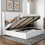 Jocisland King Size Bed Frame with Storage - Upholstered Lift Platform Bed, Wingback Headboard, Hydraulic System, No Box Spring Needed, Wood Slats Support, White Jocisland