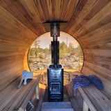 AURGOD Outdoor Barrel Canadian Hemlock Sauna with Porch, Wood Burning Stove Sauna with Large Glass Windows for 4 Person, Scenic Porch, Wood Fire Sauna, Luxurious Texture AURGOD