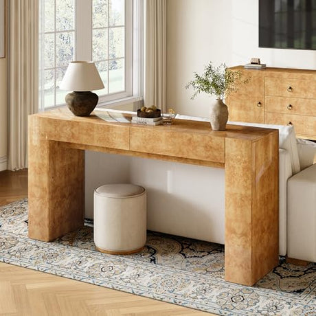 AMERLIFE 63" Burl Wood Console Table, Modern High Gloss Entryway Table with 2 Storage Drawers, Long Sofa Table Behind the Couch for Entrance, Hallway, Foyer, Living Room, Natural AMERLIFE