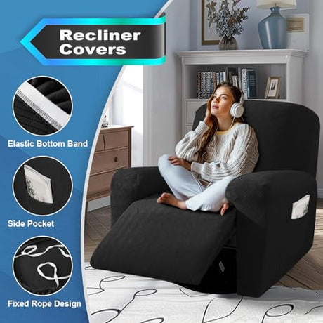 JIVINER 3 Piece Recliner Chair Cover Stretch Lazy Boy Non Slip Covers for Recliner with Pockets Soft Jacquard Reclining Sofa Slipcovers Furniture Protector with Elastic Bottom (1 Seater, Black) JIVINER