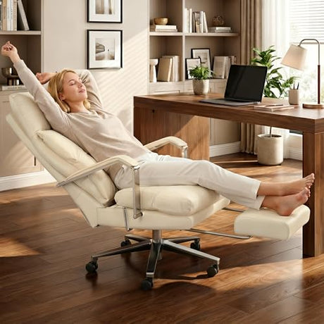 OKUP® M76 Recline Office Chair with Footrest, 160° Infinite Reclining 10" Thick Executive Desk Chair, 420lb Heavy Duty Big and Tall, Adjustable Seat Depth, Cream OKUP