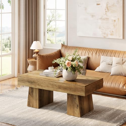 LITTLE TREE Farmhouse Coffee Table, 47 Inches Wooden Rectangular Accent Center Tables with Thick Base, Modern Low Cocktail Tea Furniture for Living Room (Rustic Brown) LITTLE TREE