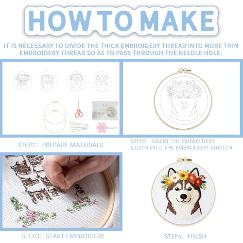 FREEBLOSS 4 Set Embroidery Kit Dog and Flower Stamped Embroidery Starter Kit with Step By Step Instructions, Colored Threads, 2 Hoops, Needlepoint Kits for Hand Craft Lovers Gift, 30cm/11.8inch