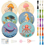 ACRNIGHEET 6PCS Embroidery Kit for Adults Beginners, Sea Animals Embroidery Starter Kit, Stamped Cross Stitch Kits for Crafts Lovers Gift Idea, Include Instructions 6 Stamped Embroidery Cloth 2 Hoop