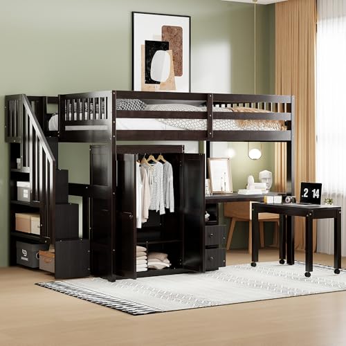 Ball & Cast Loft Bed Full Size with Storage Stairs and Bookshelf,Space-Saving Multifunctional Furniture Bed Frame w/Desk & Wardrobe,for Apartment,Bedroom,Espresso Ball & Cast