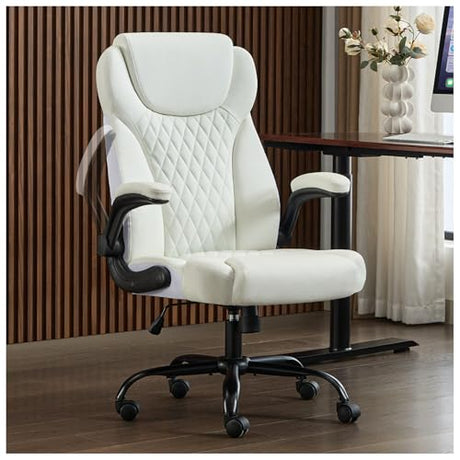 amseatec Office Chair, Executive PU Leather Chair Home Office Desk Chairs, Ergonomic Computer Desk Chair with Adjustable Flip-Up Arms, Lumbar Support Swivel Task Chair with Rocking Function (White) amseatec