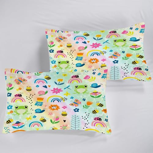 FUYEUN Rainbow Comforter Sets Twin Size Cartoon Floral Frogs Bedding Set for Girls Kids Children Boys Butterfly Flowers Bees Insects Cute Kawaii Quilt 1 Comforter + 1 Pillow Case FUYEUN