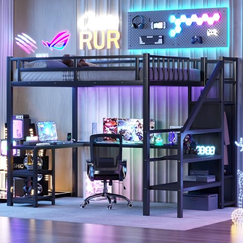 Full Size Loft Bed with Desk and Stairs Metal Full Loft Bed with Storage Wardrobe and Charging Station Adult Loft Bed with LED Lights and Adjustable Shelf for Kids Teens, Black Mirightone