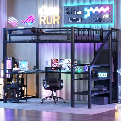 Full Size Loft Bed with Desk and Stairs Metal Full Loft Bed with Storage Wardrobe and Charging Station Adult Loft Bed with LED Lights and Adjustable Shelf for Kids Teens, Black Mirightone