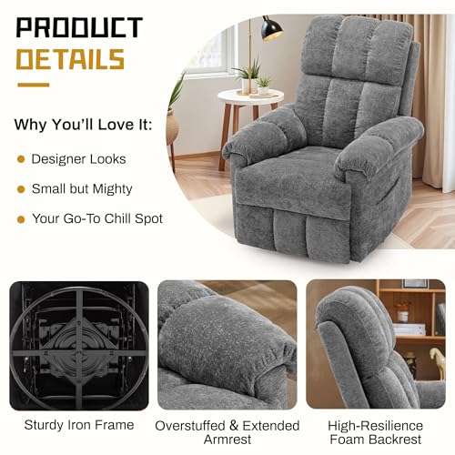 Korser Recliner Chair, Swivel Rocker Recliner Chair for Adults, Small Recliners for Small Spaces, Manual Recliner with Side Pockets, Upholstered Nursery Rocking Chair for Living Room, Chenille, Grey