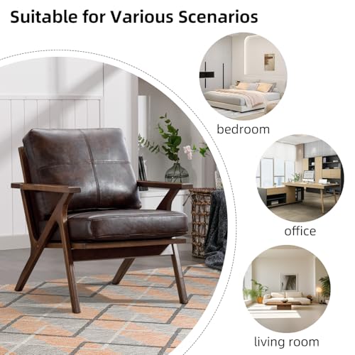 INZOY Mid-Century Modern Accent Chair with Wood Frame Set of 2, PU Leather Living Room Chair and Soft Thick Padded Armchair for Living Room Bedroom Reception with Removable Upholstered Cushions, Brown INZOY