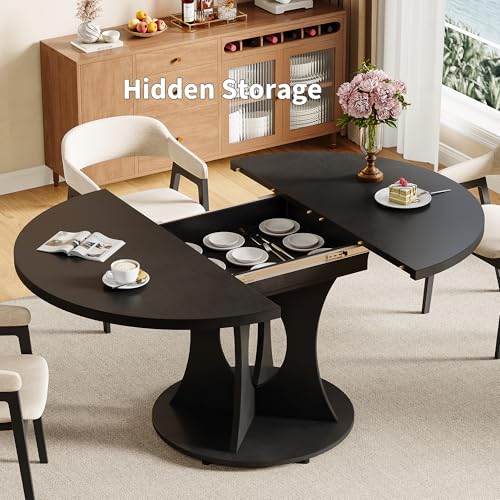 iPormis 43.3-59 Inch Extendable Round Dining Table for 6-8 People, Oval Dinner Table with Adjustable Top and A Stable Round Pedestal Base, Space Saving Wooden Kitchen and Dining Table, Black iPormis