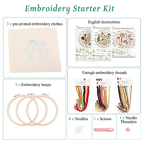 Harimau 3 Pack Embroidery Kit for Beginners , Floral Plant Pattern,Cross Stitch Kits Set , Including Stamped Embroidery Cloth with 3 Embroidery Hoops, Color Threads and Tools (Flower)
