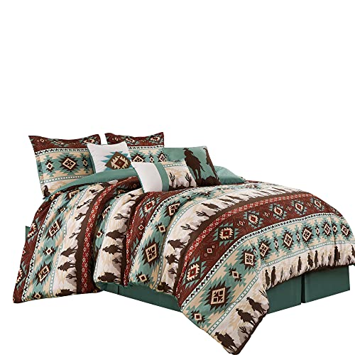 Chezmoi Collection Dune 7-Piece Southwestern Cowboys Aztec Comforter Set - Multicolor Teal Brown Beige Tan Red Printed Washed Microfiber Bedding, Full Chezmoi Collection