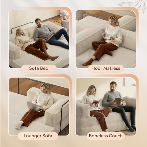WLIVE 87'' Futon Sofa Bed, Convertible Sleeper Sofa, Folding Pull Out Couch Boneless Mattress with Fixed Frame, Corduroy, Beige WLIVE