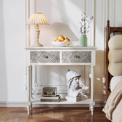 SUNBURY 31.5" W Vintage Console Table with 2 Drawers, Small Entryway Table with 2-Tier Storage Shelves,Beige Side Table for Living Room, Entryway SUNBURY