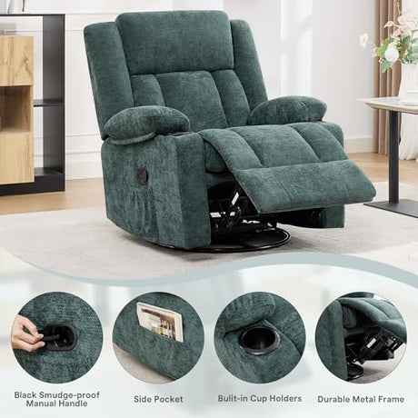 Hicosit Swivel Rocker Recliner Chair with Cup Holders, 360 Degree Rotating Nursery Rocking Chair, Manual Glider Recliner for Living Room (1, Green) Hicosit