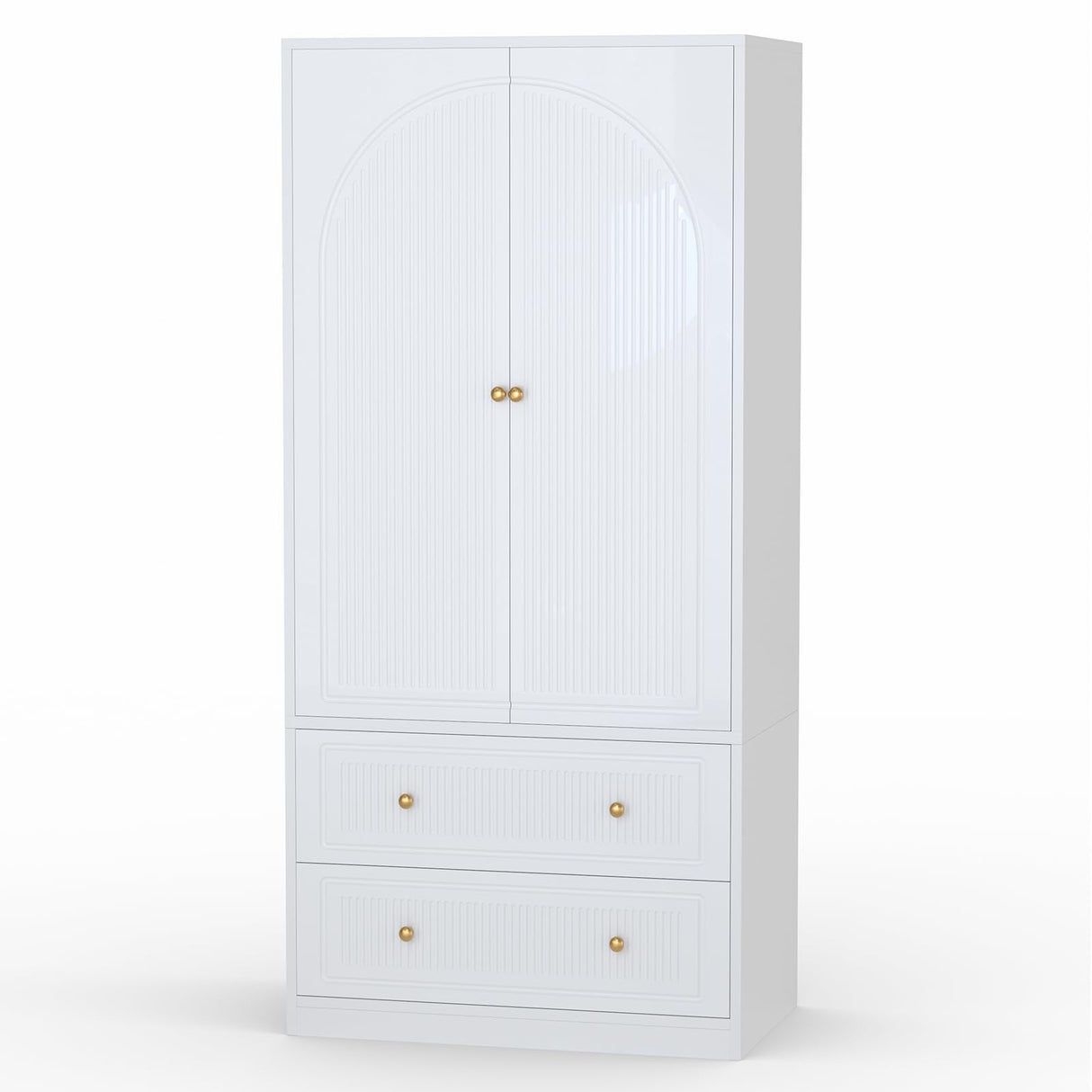Wardrobe Closet with 2 Door & 2 Drawer, 71" White Bedroom Wooden Armoire with Hanging Rod, Freestanding Large Capacity Clothing Wardrobe Cabinet w/Gold Handles for Bedroom Buenhomino