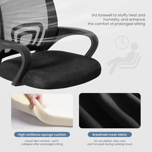DUMOS Office Desk Chair - Ergonomic Mid Back with Lumbar Support & Rocking Mode, Height Adjustable with Fixed Armrest, Storage Back for Computer, Gaming, Conference, Meeting, 360° Swivel, Black DUMOS