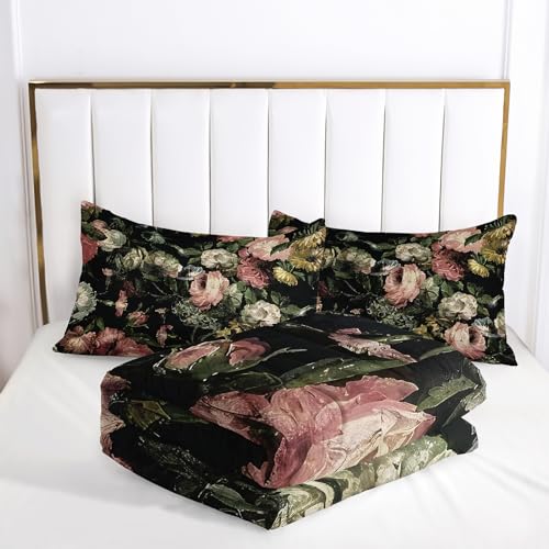 Nttopship Boho Floral Comforter Set Twin Black Floral Bedding Sets 3PCS for Kids Teen Adult Flowers Leaves Room Decor Ultra-Soft Lightweight Microfiber 1 Comforter with 2 Pillowcases Nttopship