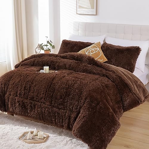 Smoofy Fluffy Queen Comforter Set, Faux Fur Comforter Set Queen Size, Luxury Fuzzy Bedding Set, Soft Shaggy Bed Set for All Season, 3 Pieces - 1 Comforter & 2 Pillowcases, Coffee Smoofy