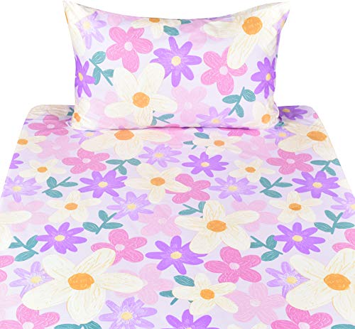 Scientific Sleep Purple Flower Painting Girls 100% Cotton 3 Pcs Twin Bed Sheet Set Kids Toddler Teen, Flat Sheet & Fitted Sheet & Pillowcase Kids Bedding Set (Floret, Twin) Scientific Sleep