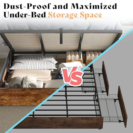 AMERLIFE King Size Lift Up Bed Frame with Linen Upholstered & LED Light & Storage Headboard, Platform Bed Frame with Charging Station, No Box Spring Needed, Noisy Free, Rustic Brown AMERLIFE
