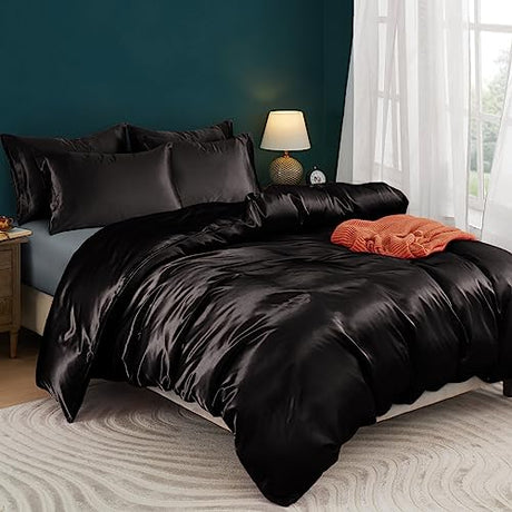 Horbaunal 5 Pieces Satin Duvet Cover Set Queen/Full Size Black Duvet Cover with Corner Ties & Zipper Closure, Luxury & Silky Bedding Set, 1 Duvet Cover and 4 Pillowcases (No Comforter) Horbaunal