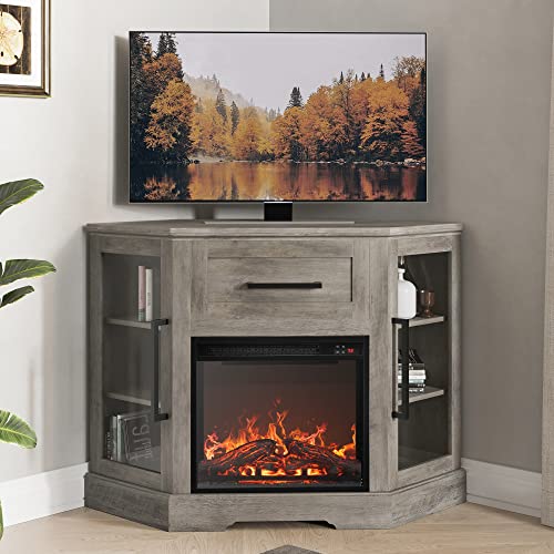 BELLEZE 43" Corner TV Stand with 18" Electric Fireplace Heater for TVs up to 43", Modern Corner Wood Entertainment Center with Glass Door Storage Cabinets - Dale (Grey Wash) BELLEZE