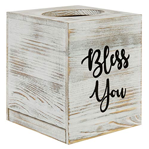 MyGift White Washed Solid Wood Square Tissue Box Cover Holder Decorative Tissue Dispenser Bath Decor with Bless You Design and Easy Refill Slide Out Bottom MyGift