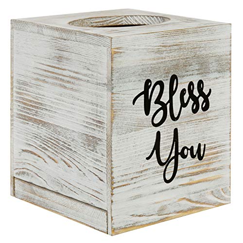 MyGift White Washed Solid Wood Square Tissue Box Cover Holder Decorative Tissue Dispenser Bath Decor with Bless You Design and Easy Refill Slide Out Bottom